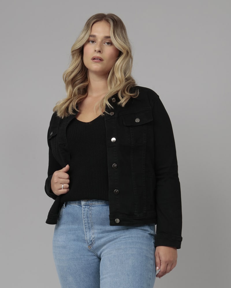 Front of a model wearing a size 3X Women's GABRIELLA-BLK Classic Denim Jacket in Black by LOLA JEANS. | dia_product_style_image_id:321913